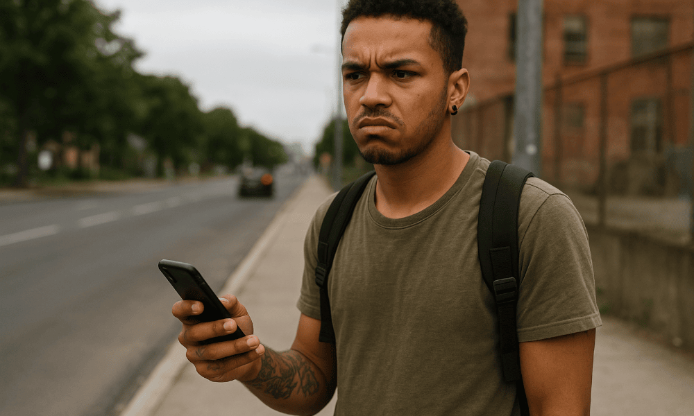jeune homme attendant un Uber et faisant une réclamation sur son smartphone