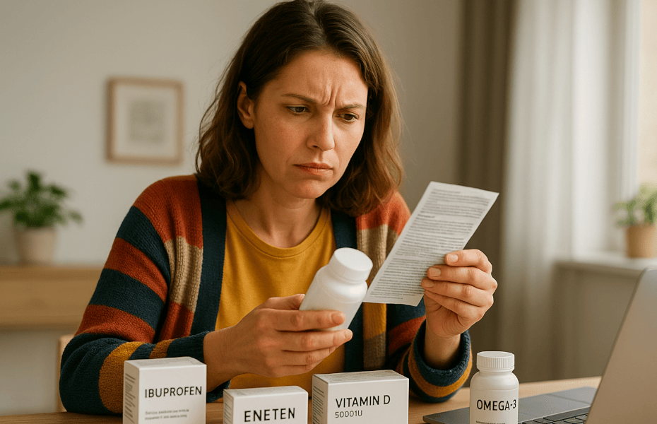 femme perplexe en lisant la notice d'un médicament acheté chez Universal Pharma