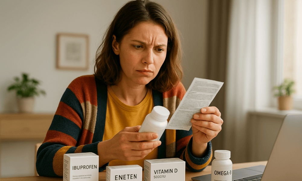 femme perplexe en lisant la notice d'un médicament acheté chez Universal Pharma