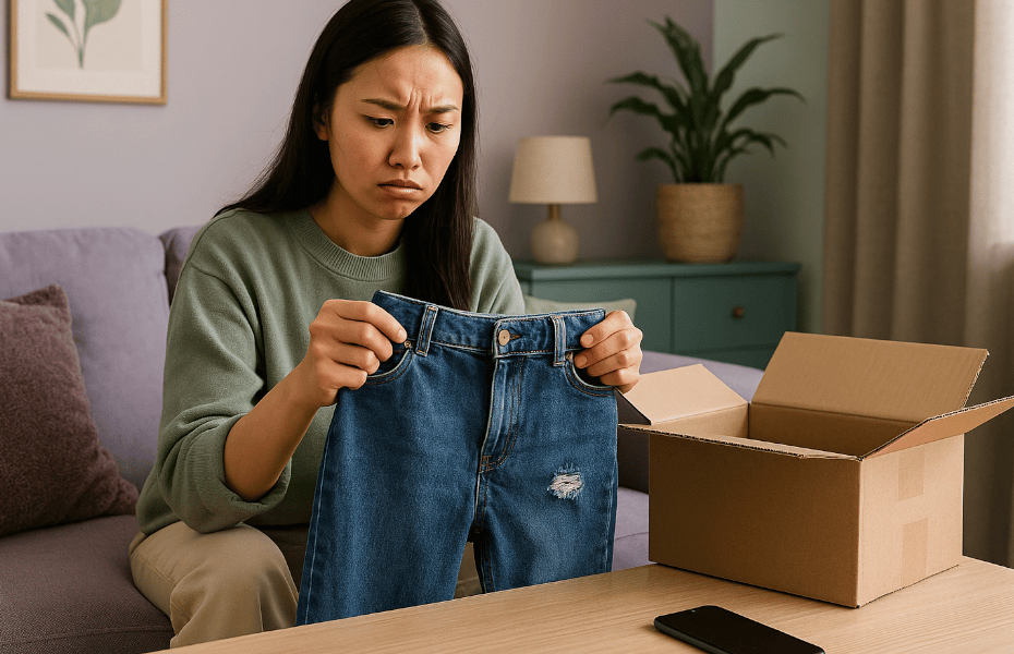 femme déçue venant de déballer un jean commandé sur Vinted