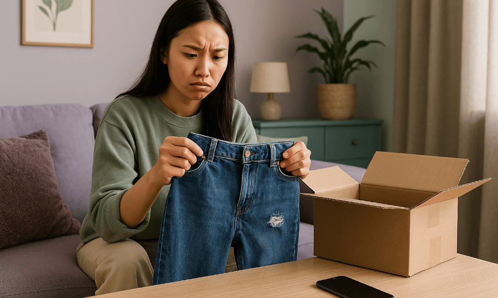 femme déçue venant de déballer un jean commandé sur Vinted