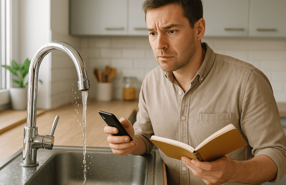 homme constatant une fuite d'eau sur le robinet de sa cuisine et s'apprêtant à faire une réclamation à Vivaqua par téléphone