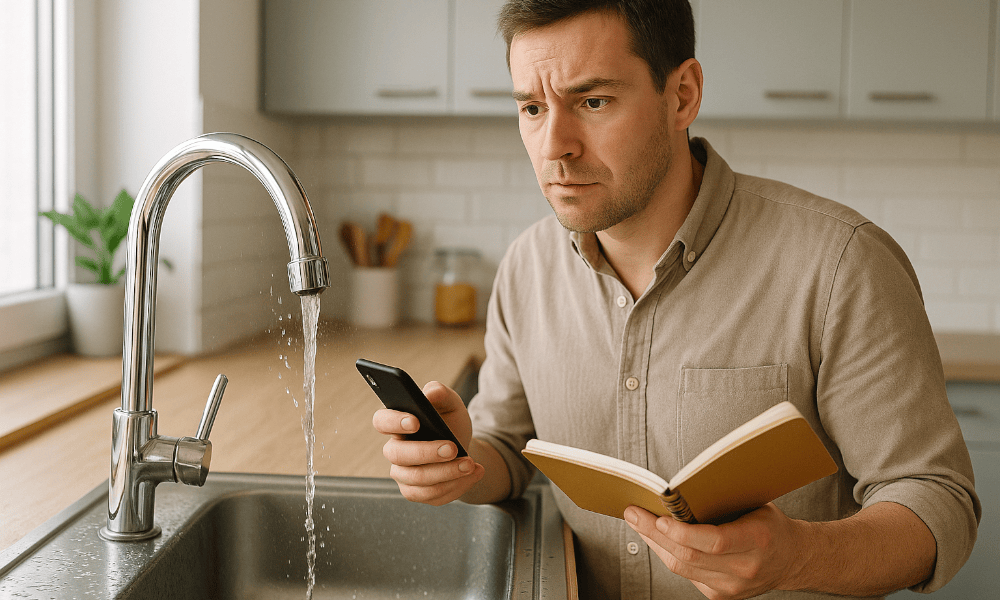 homme constatant une fuite d'eau sur le robinet de sa cuisine et s'apprêtant à faire une réclamation à Vivaqua par téléphone
