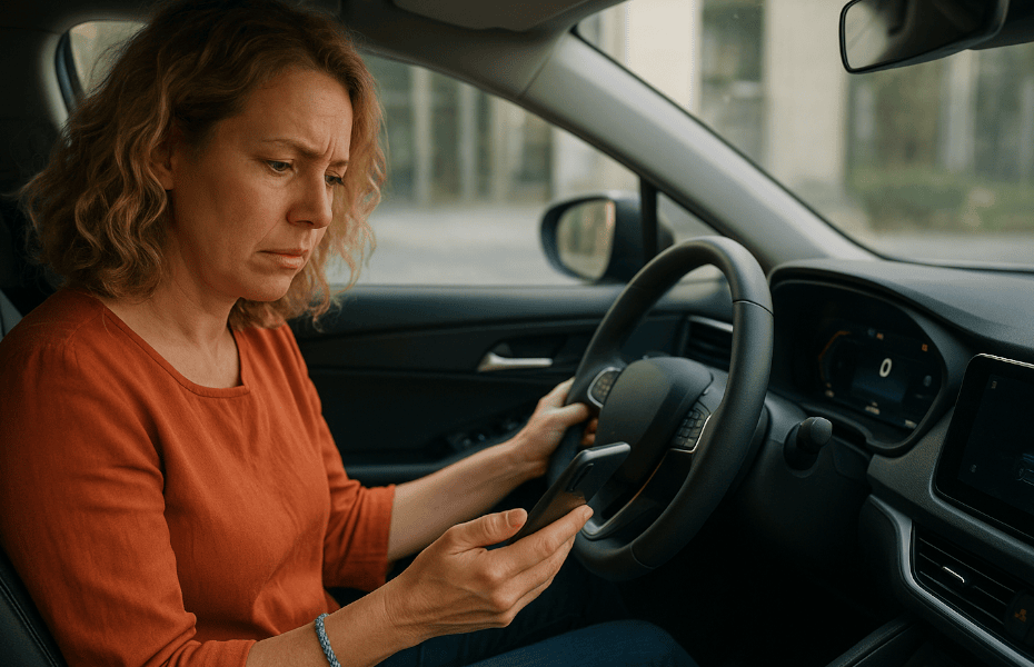 femme portant réclamation à XPeng depuis son smartphone dans sa voiture