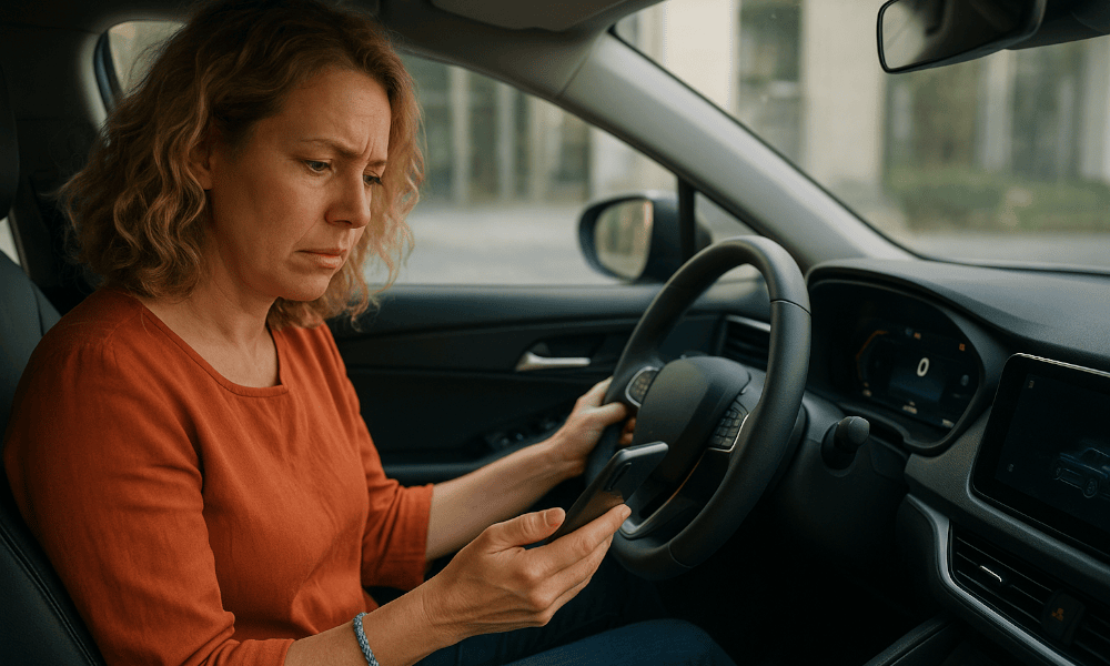 femme portant réclamation à XPeng depuis son smartphone dans sa voiture