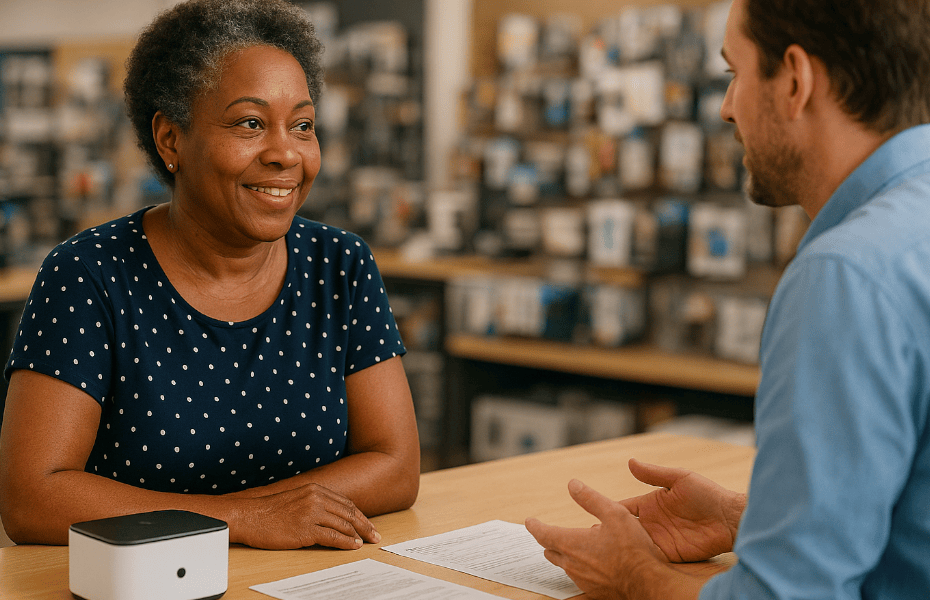 client avec un technicien au comptoir SAV d'un magasin