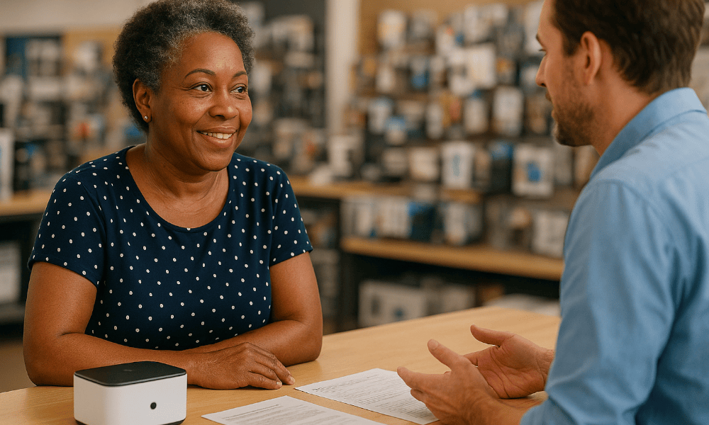 client avec un technicien au comptoir SAV d'un magasin