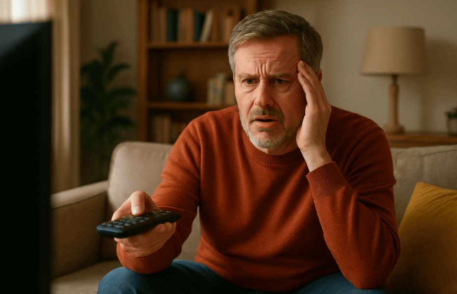 homme avec une télécommande à la main rencontrant des problèmes en regardant la chaîne AB3