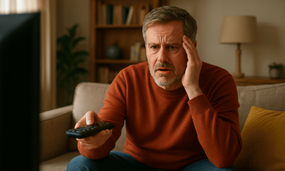 homme avec une télécommande à la main rencontrant des problèmes en regardant la chaîne AB3