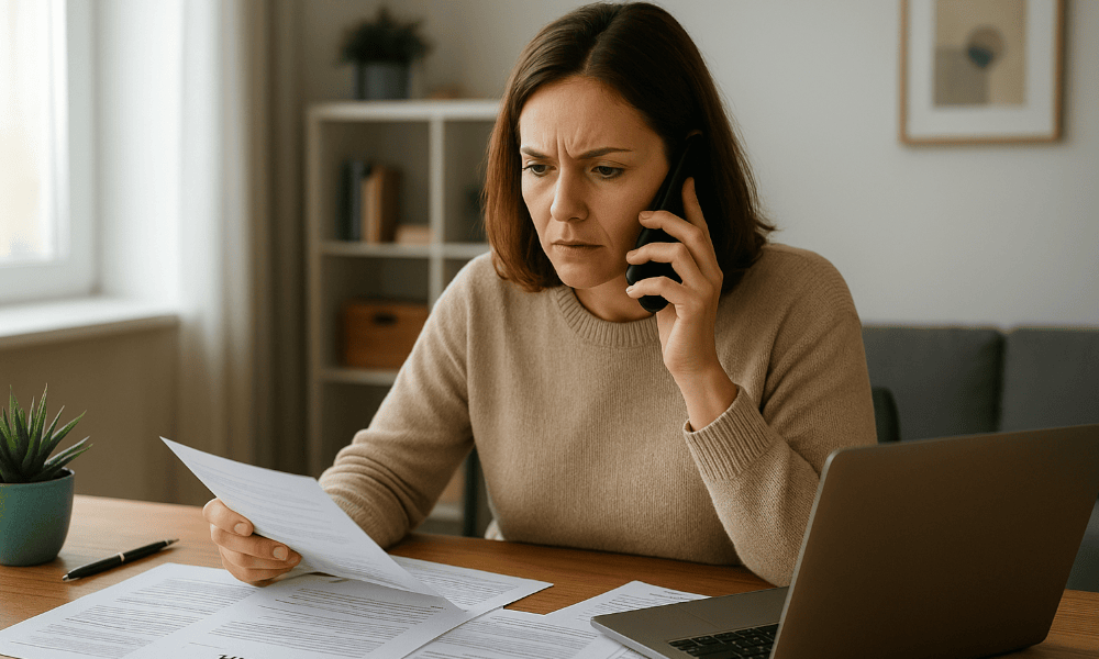 femme au téléphone faisant une réclamation à AXA