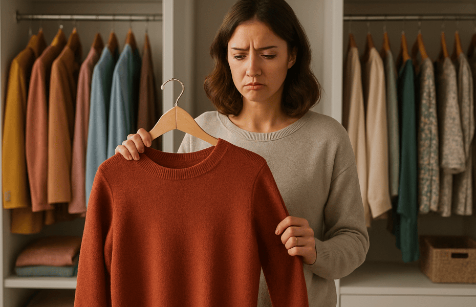femme constatant un défaut sur un pull acheté chez Bellerose