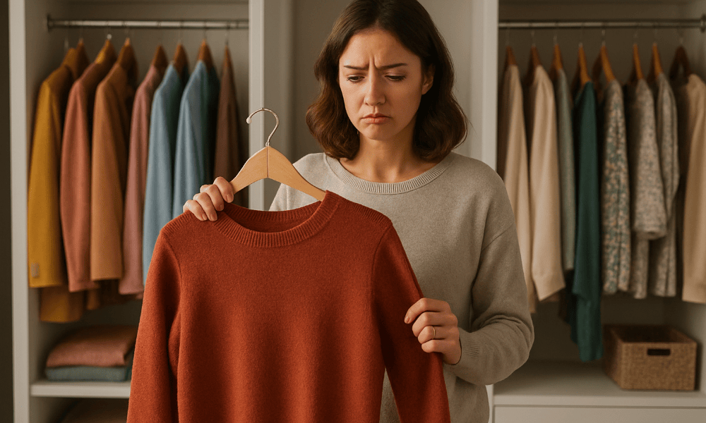 femme constatant un défaut sur un pull acheté chez Bellerose