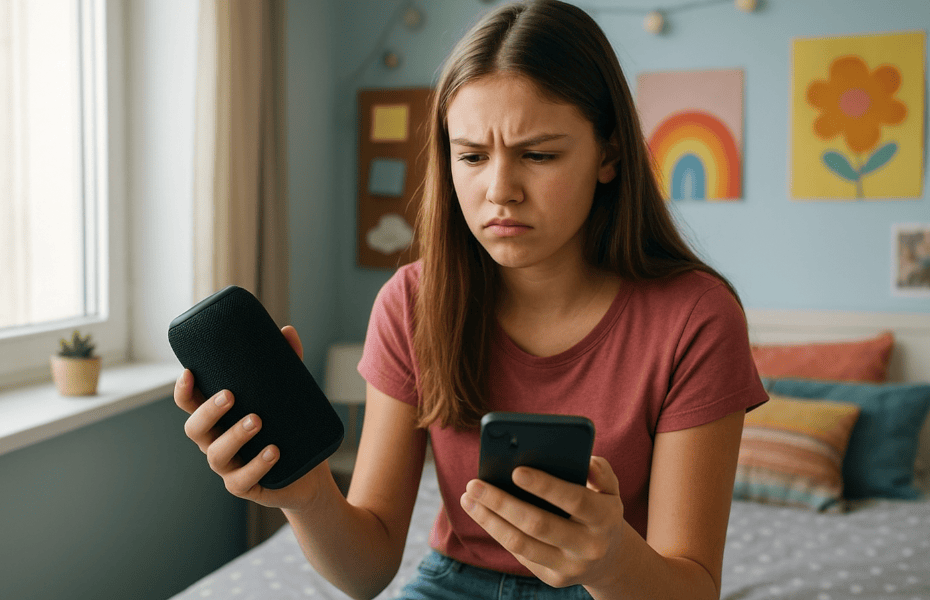 adolescente rencontrant un souci technique avec son enceinte Bose