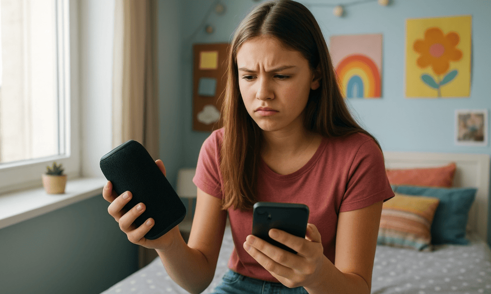 adolescente rencontrant un souci technique avec son enceinte Bose