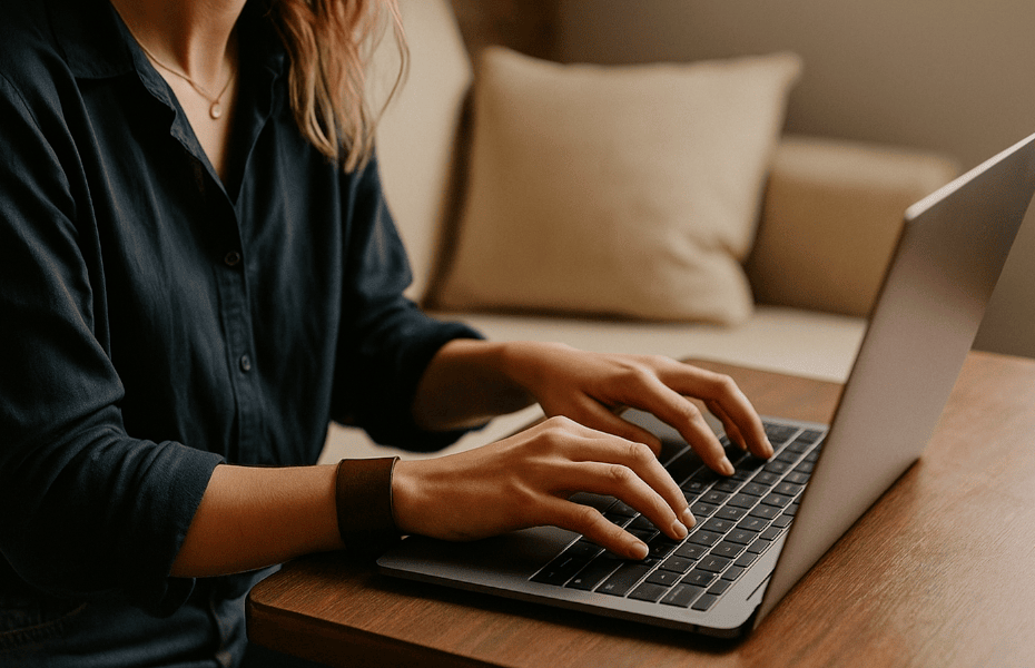 mains d'une femme envoyant un mail de réclamation à Brico Planit