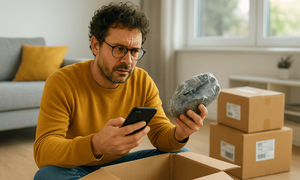 homme faisant une réclamation à Cdiscount avec son smartphone