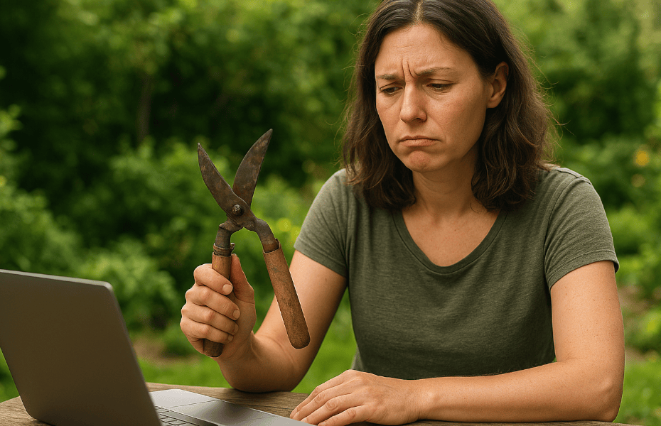 femme, avec un sécateur à la main, faisant une réclamation avec son ordinateur à Fiskars