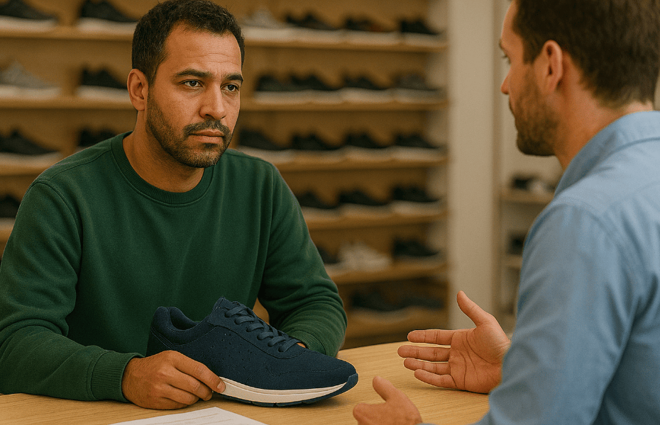 homme se plaignant à un conseiller du service client Geox en magasin