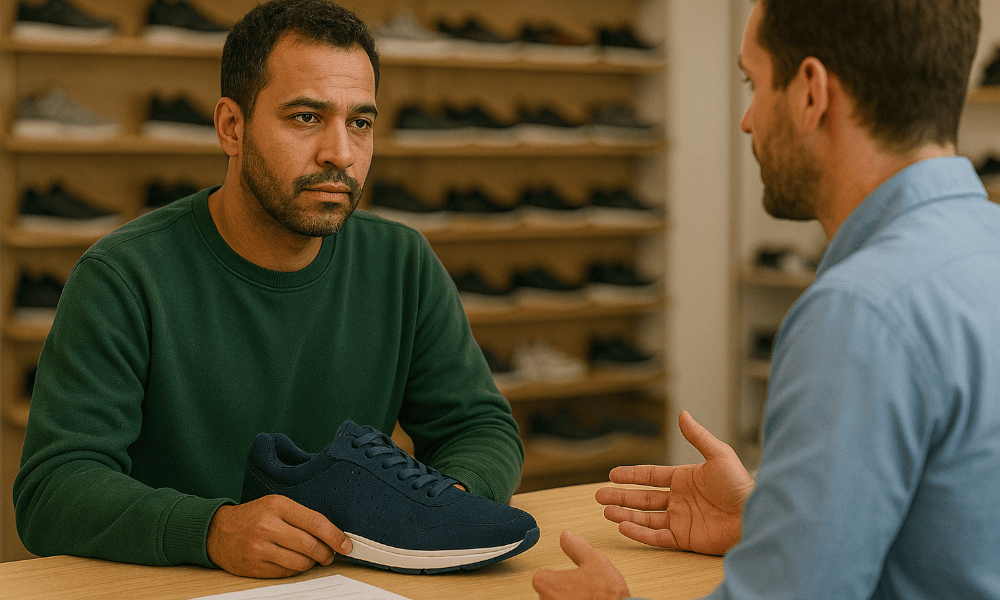 homme se plaignant à un conseiller du service client Geox en magasin