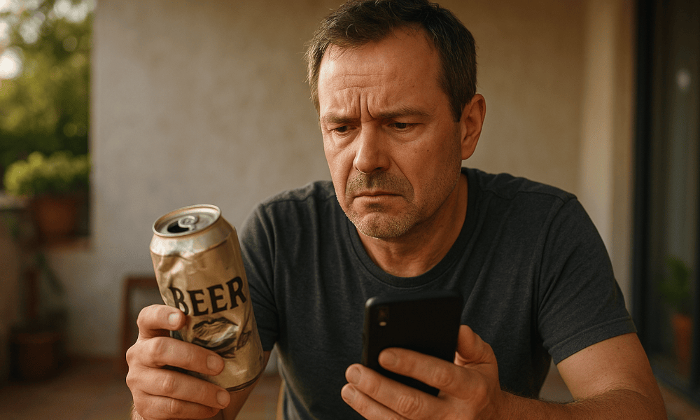 homme avec une canette à la main, faisant une réclamation via son smartphone à Hoegaarden