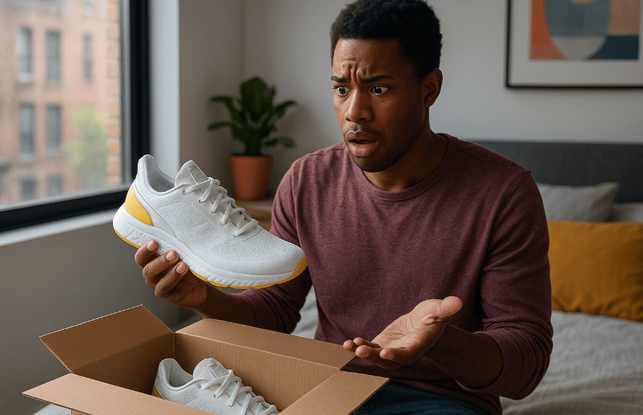 homme constatant un défaut sur une basket achetée chez JD Sports