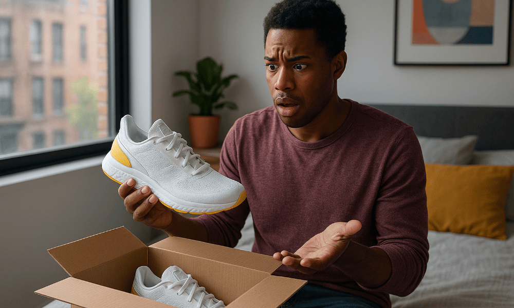 homme constatant un défaut sur une basket achetée chez JD Sports