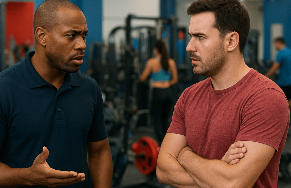 client faisant une réclamation à un membre d'une salle de sport Jims