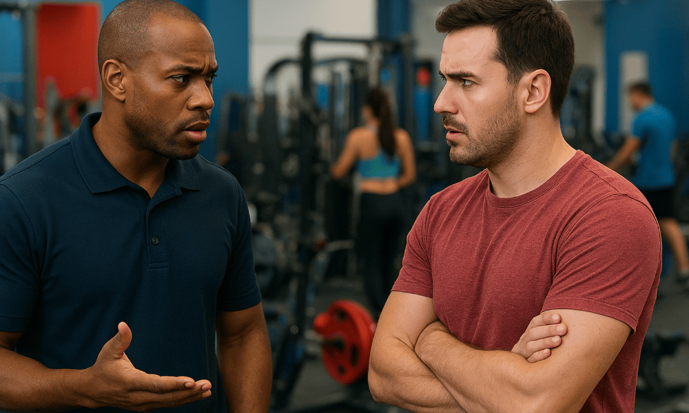 client faisant une réclamation à un membre d'une salle de sport Jims
