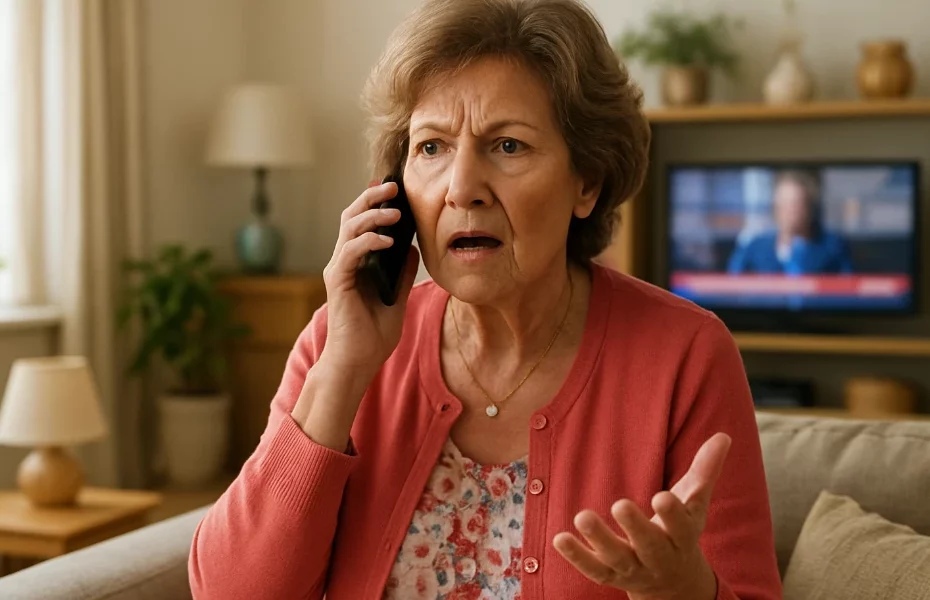 femme se plaignant au téléphone, télévision allumée sur LN24 en arrière-plan