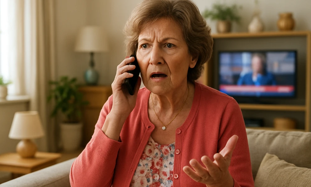 femme se plaignant au téléphone, télévision allumée sur LN24 en arrière-plan