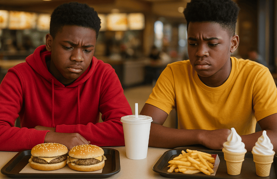 deux adolescents ayant une commande incomplète dans un fast-food McDonald's