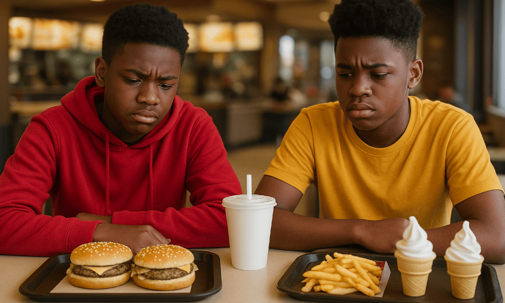 deux adolescents ayant une commande incomplète dans un fast-food McDonald's