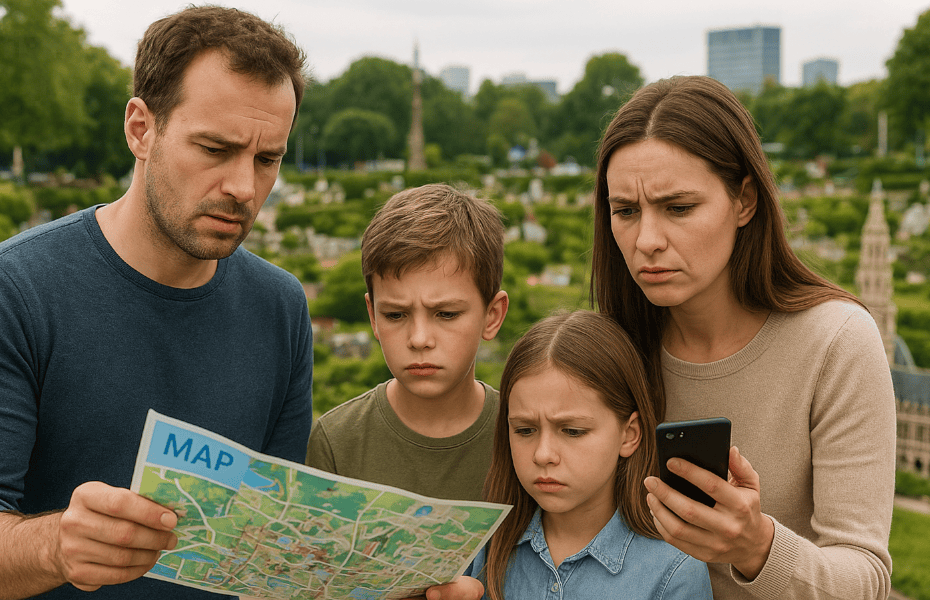 famille rencontrant un problème avec une carte au parc Mini-Europe