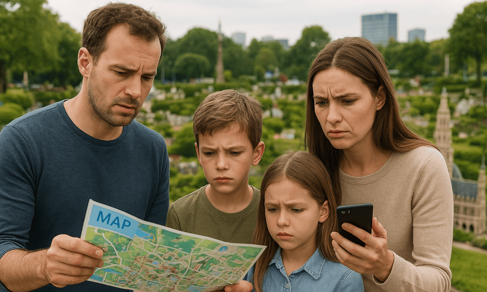 famille rencontrant un problème avec une carte au parc Mini-Europe
