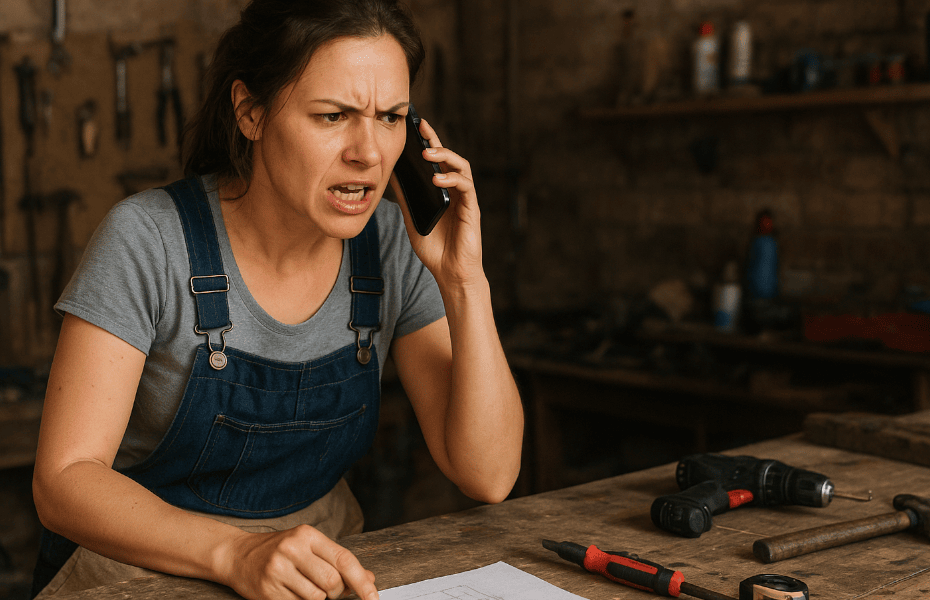 femme dans son atelier faisant une réclamation par téléphone à Mr Bricolage