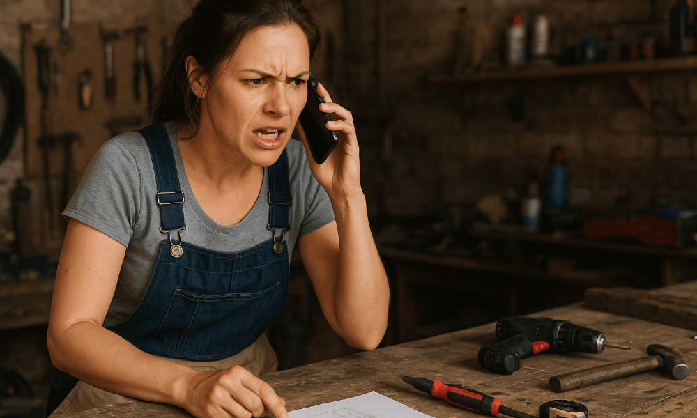 femme dans son atelier faisant une réclamation par téléphone à Mr Bricolage