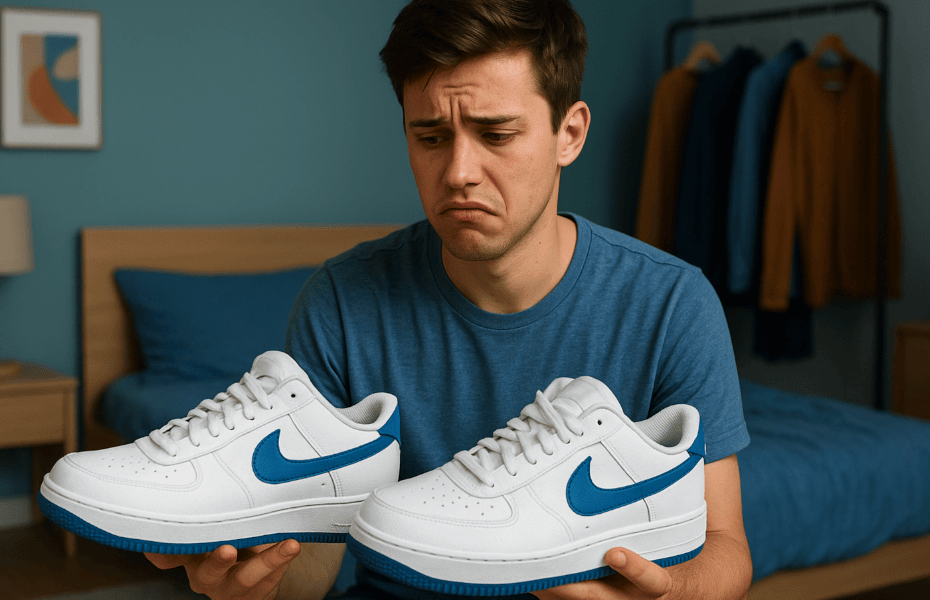 jeune homme déçu de sa paire de baskets Nike