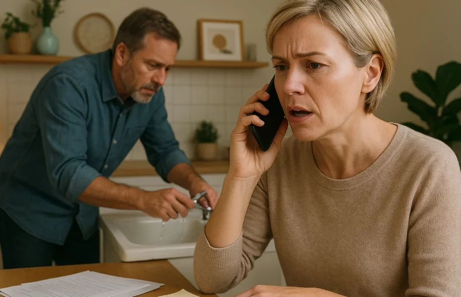 femme faisant une réclamation à Pidpa par téléphone, son mari essayant de réparer un évier en arrière-plan