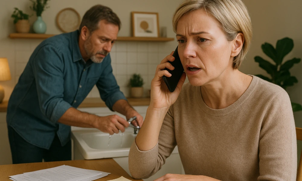 femme faisant une réclamation à Pidpa par téléphone, son mari essayant de réparer un évier en arrière-plan