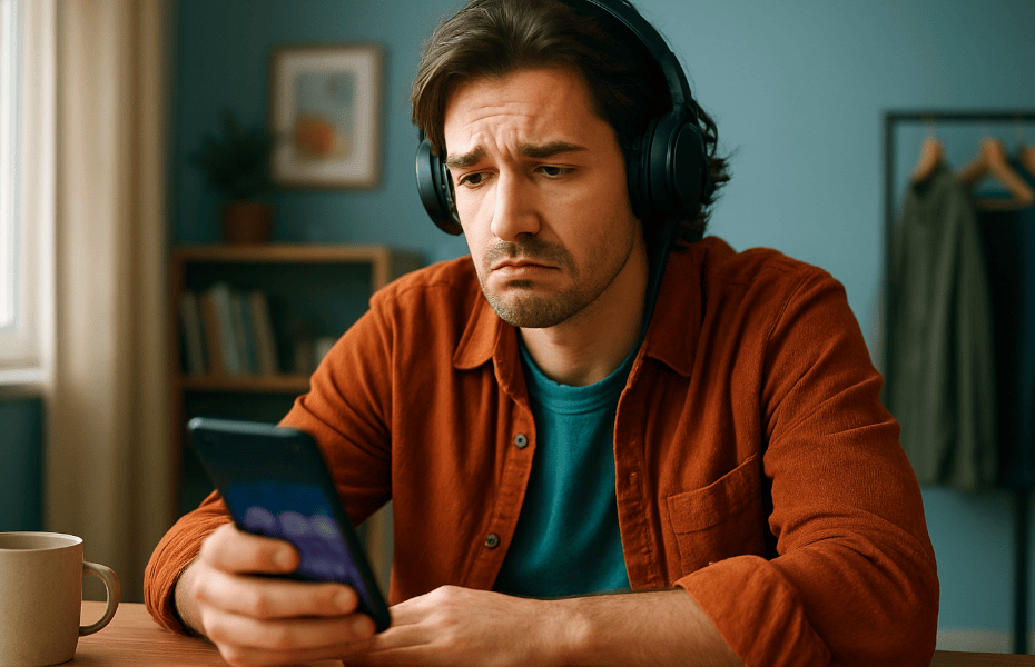 homme rencontrant un problème technique sur l'application Qobuz