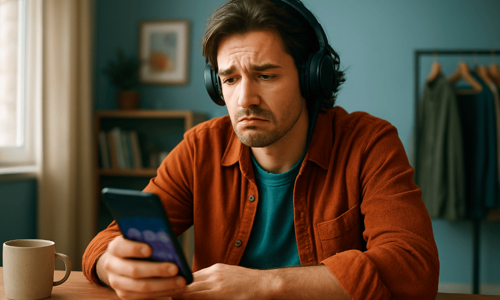 homme rencontrant un problème technique sur l'application Qobuz