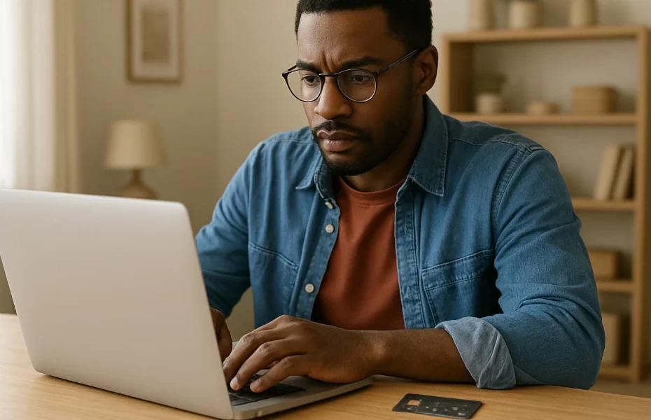homme faisant une réclamation à Revolut depuis son ordinateur portable