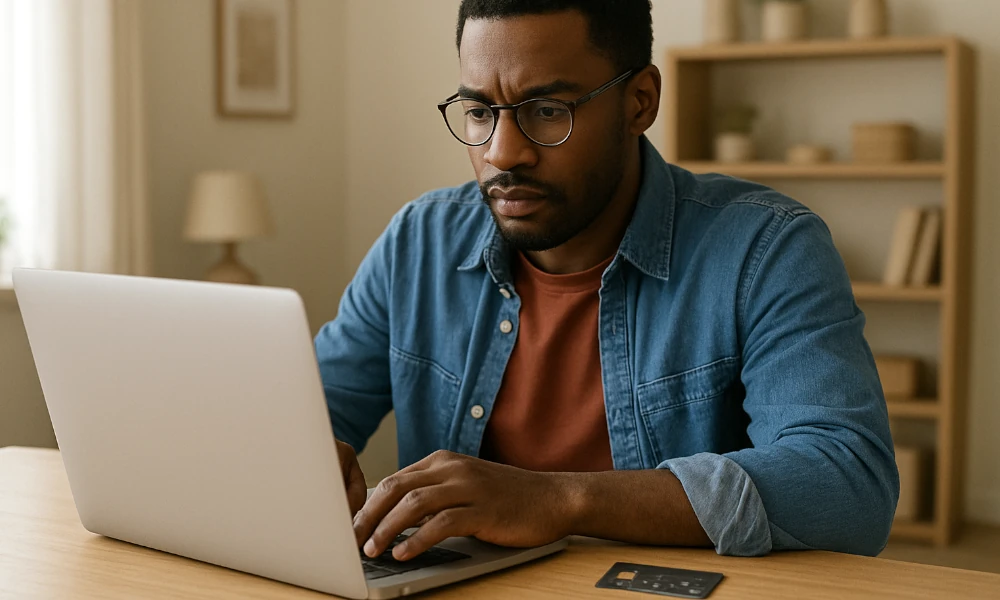 homme faisant une réclamation à Revolut depuis son ordinateur portable
