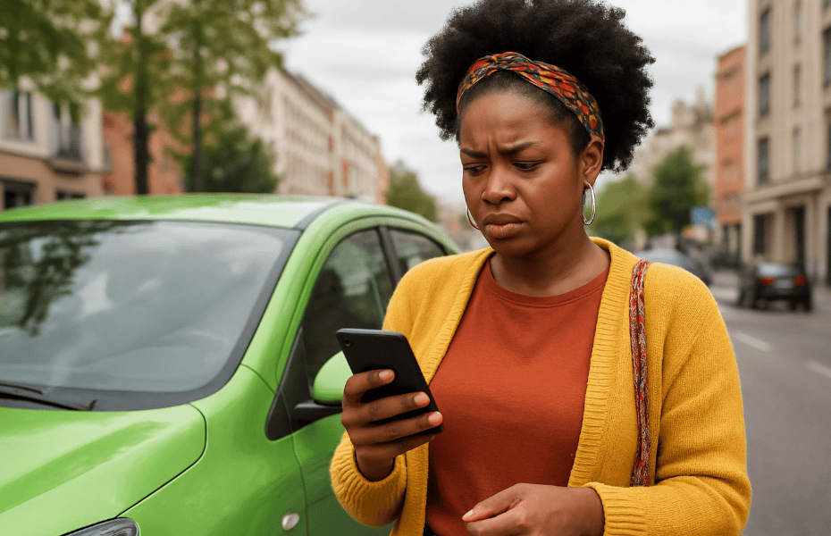 femme devant une SEAT verte faisant une réclamation avec son smartphone