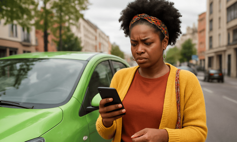 femme devant une SEAT verte faisant une réclamation avec son smartphone