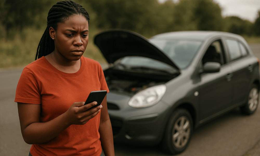 femme avec sa voiture en panne au bord de la route faisant une réclamation à Subaru avec son smartphone