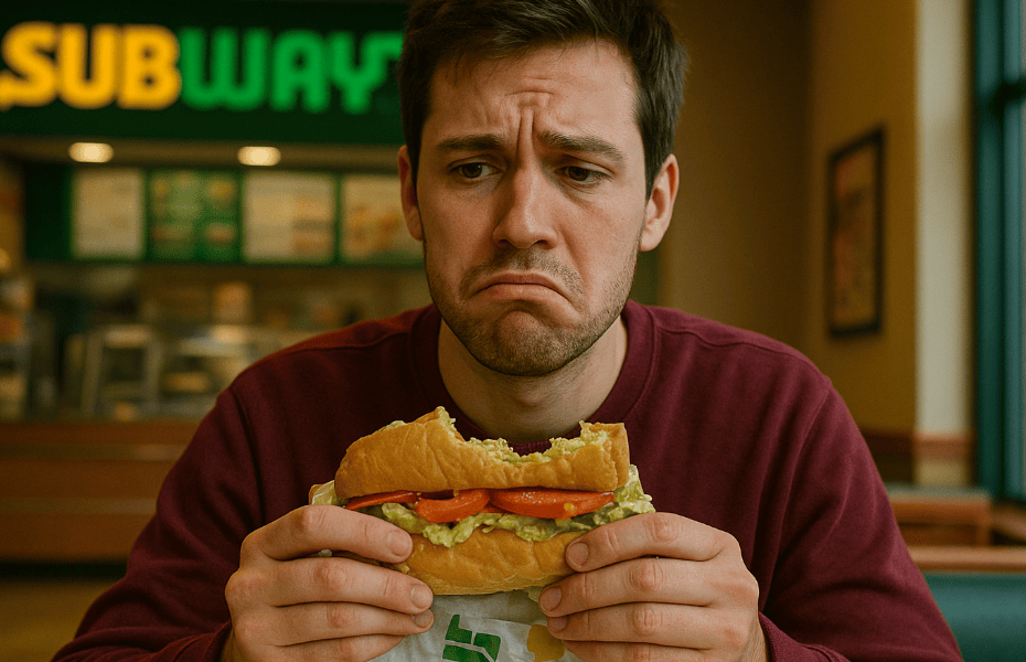 homme déçu mangeant un sandwich Subway