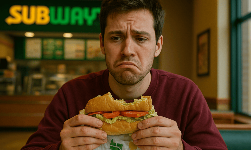 homme déçu mangeant un sandwich Subway