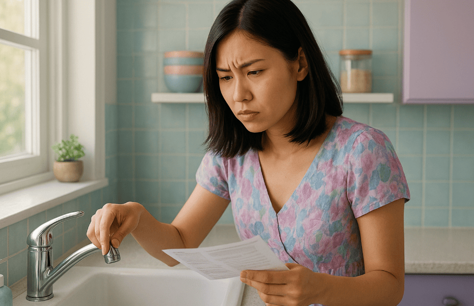 femme constatant un problème avec son robinet et une facture de la SWDE