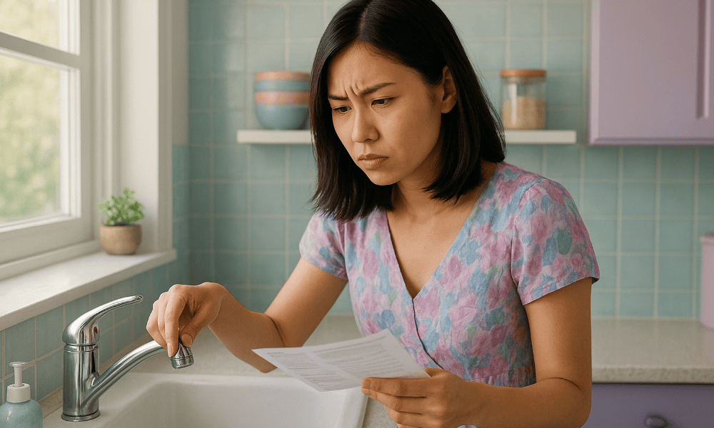 femme constatant un problème avec son robinet et une facture de la SWDE